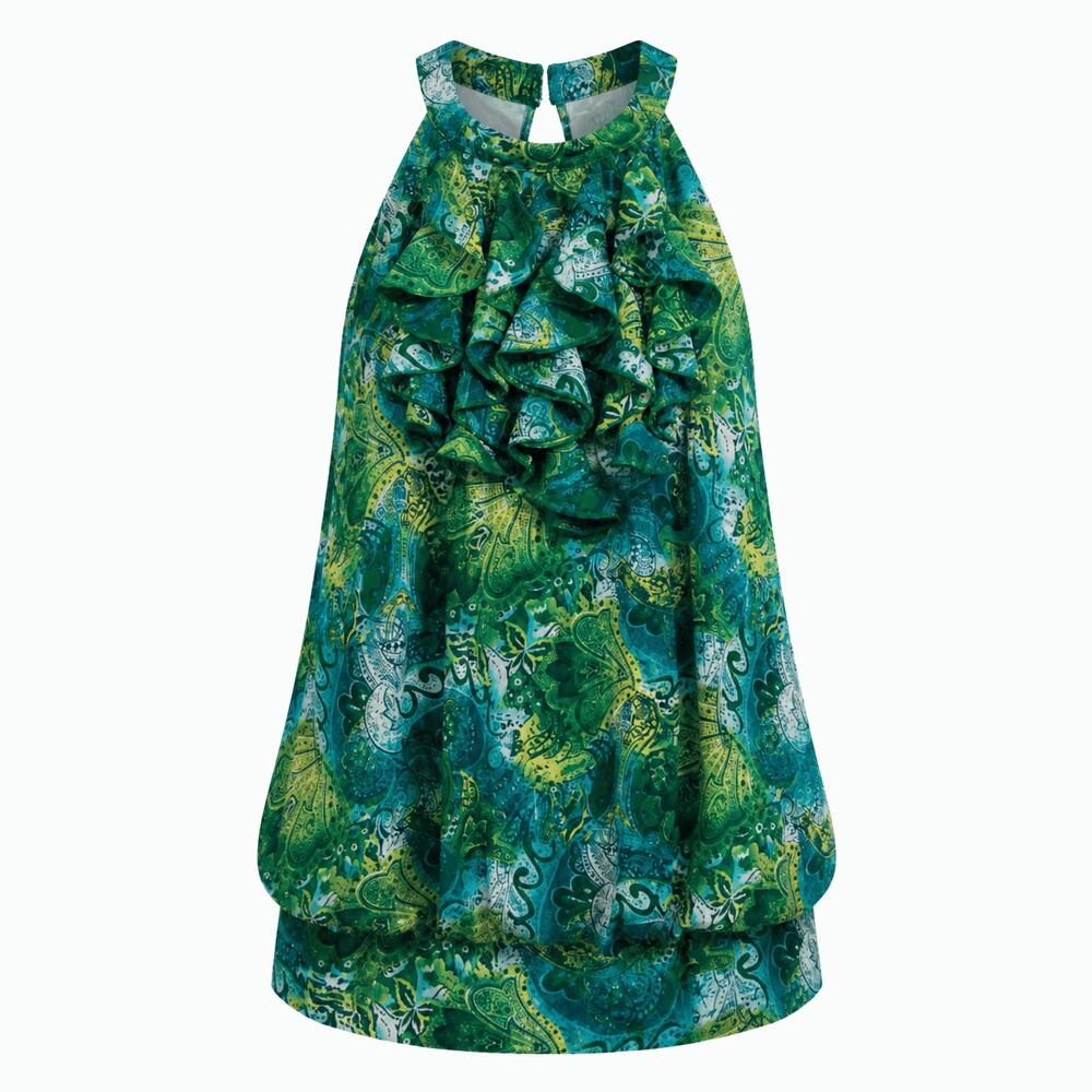 Lane Bryant Women's Top Sz 14/16 Blue Green Ruffle Blouse Open Back With Button